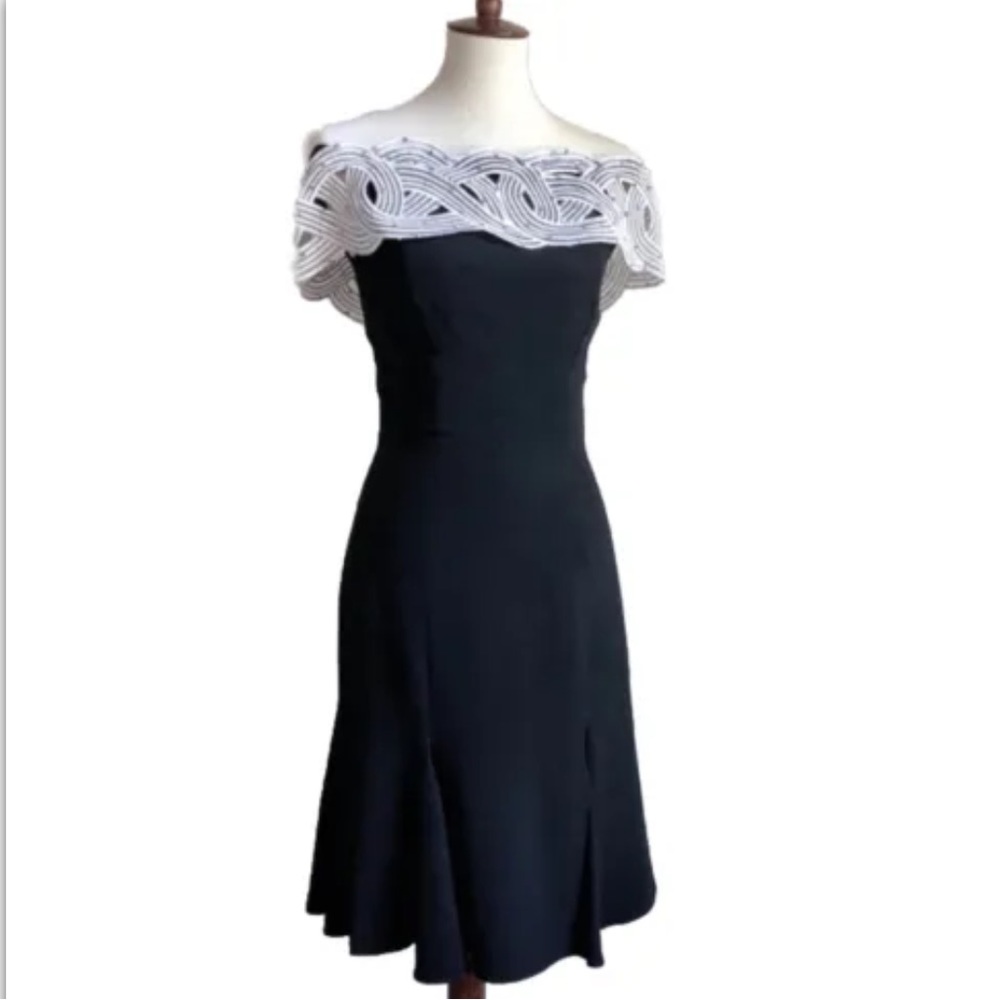 Kevan Hall Cocktail Dress Black White Rhinestone Off Shoulder, Dramatic